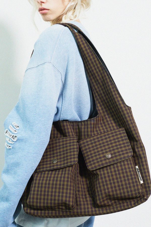 Boutique Plaid Pockets Canvas Large Capacity Shoulder Bag
