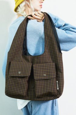 Boutique Plaid Pockets Canvas Large Capacity Shoulder Bag