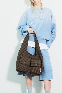 Boutique Plaid Pockets Canvas Large Capacity Shoulder Bag