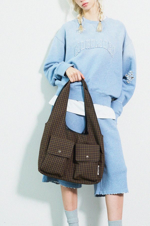 Boutique Plaid Pockets Canvas Large Capacity Shoulder Bag