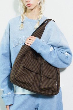 Boutique Plaid Pockets Canvas Large Capacity Shoulder Bag
