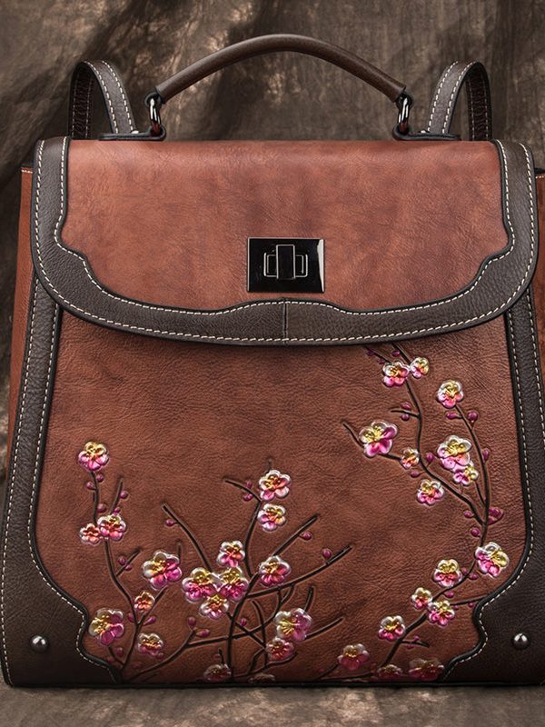 Boutique Red Embossing Patchwork Calf Leather Backpack Bag