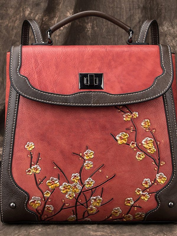 Boutique Red Embossing Patchwork Calf Leather Backpack Bag