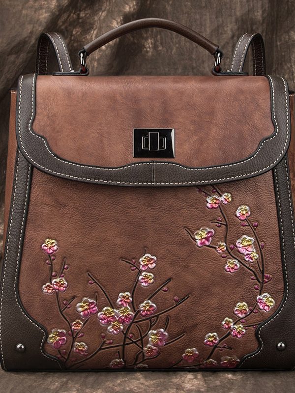 Boutique Red Embossing Patchwork Calf Leather Backpack Bag