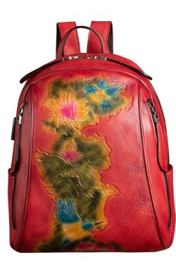 Boutique Red Lotus Paitings Calf Leather Backpack Bag