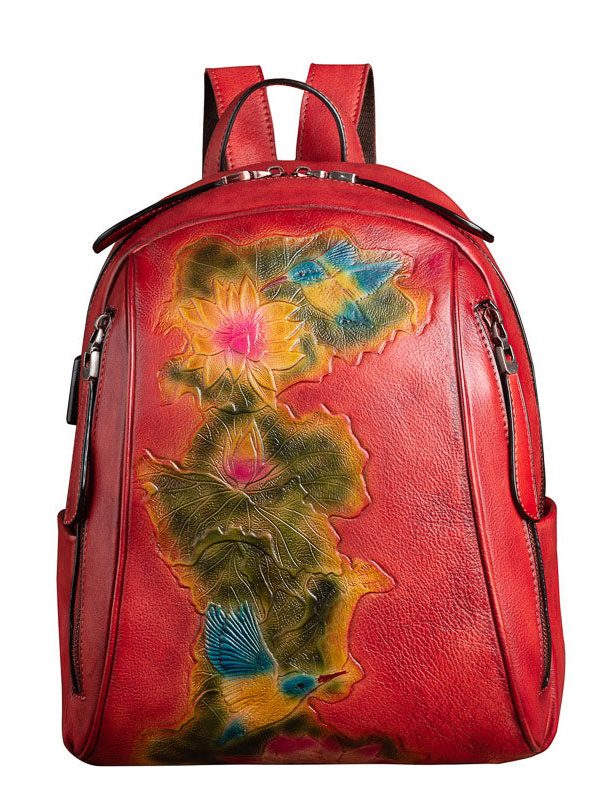 Boutique Red Lotus Paitings Calf Leather Backpack Bag