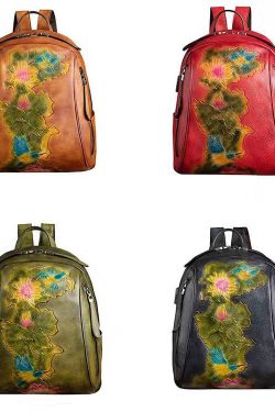 Boutique Red Lotus Paitings Calf Leather Backpack Bag