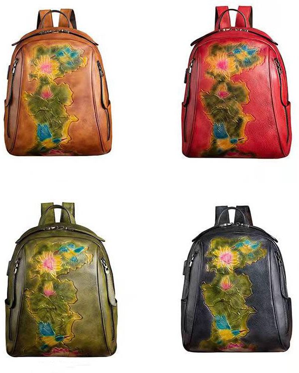 Boutique Red Lotus Paitings Calf Leather Backpack Bag