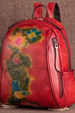 Boutique Red Lotus Paitings Calf Leather Backpack Bag