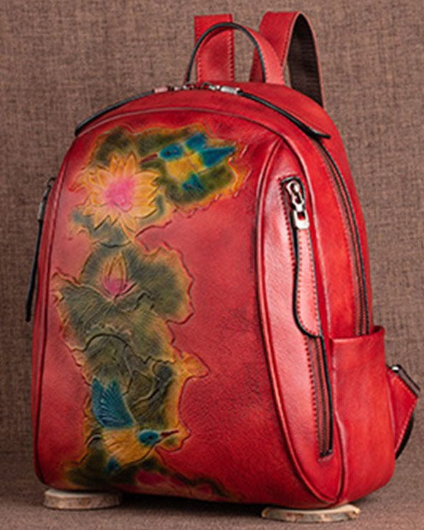 Boutique Red Lotus Paitings Calf Leather Backpack Bag
