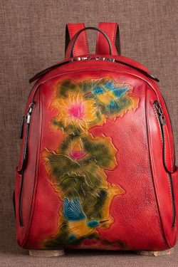 Boutique Red Lotus Paitings Calf Leather Backpack Bag