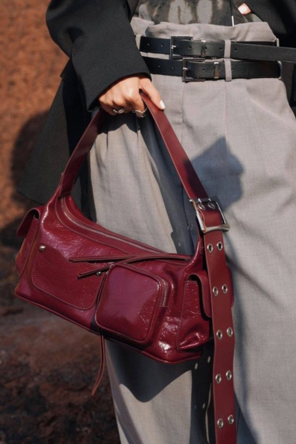 Boutique Red Pockets Durable Calf Leather Hobo Bag