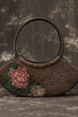 Boutique Retro Red Embossed Calf Leather Tote Handbag