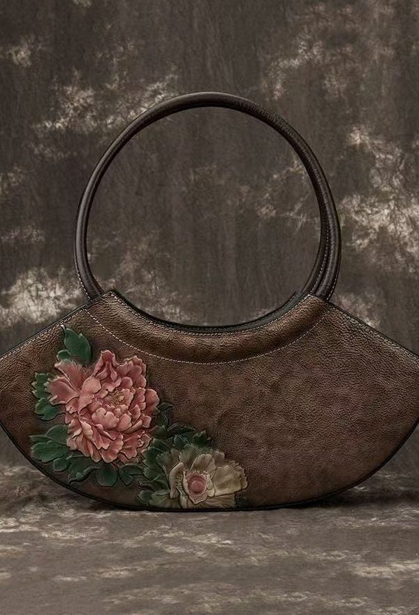 Boutique Retro Red Embossed Calf Leather Tote Handbag