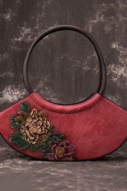 Boutique Retro Red Embossed Calf Leather Tote Handbag