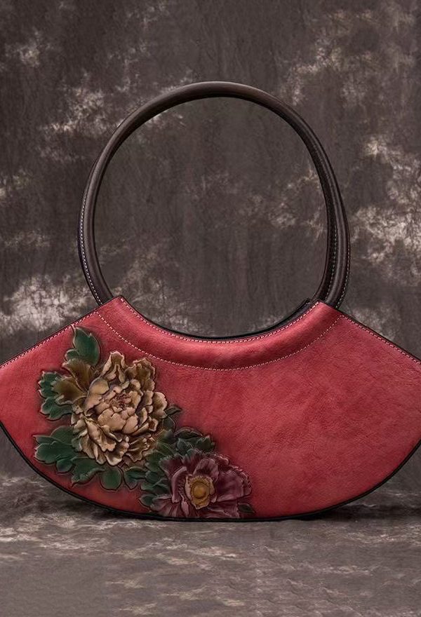 Boutique Retro Red Embossed Calf Leather Tote Handbag