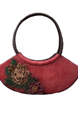 Boutique Retro Red Embossed Calf Leather Tote Handbag