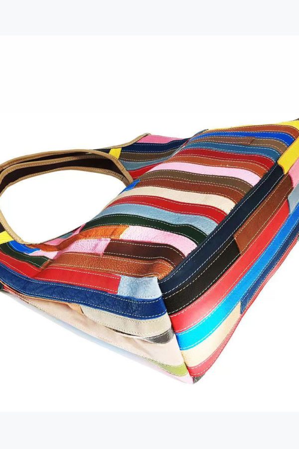 Boutique Striped Colorblock Calf Leather Satchel Bag Handbag
