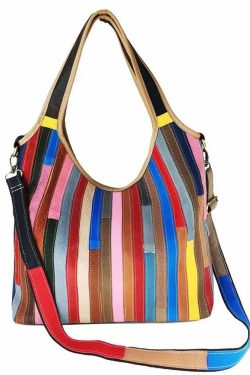 Boutique Striped Colorblock Calf Leather Satchel Bag Handbag