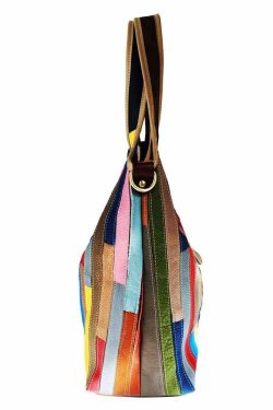 Boutique Striped Colorblock Calf Leather Satchel Bag Handbag