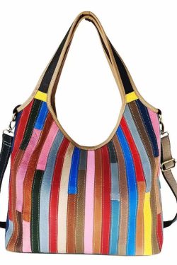 Boutique Striped Colorblock Calf Leather Satchel Bag Handbag
