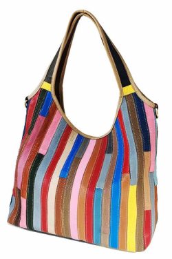 Boutique Striped Colorblock Calf Leather Satchel Bag Handbag