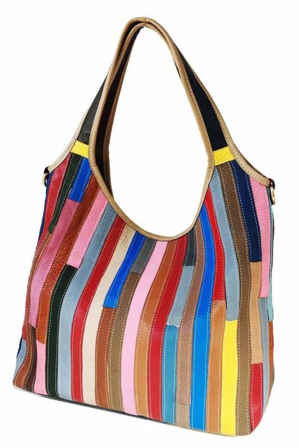 Boutique Striped Colorblock Calf Leather Satchel Bag Handbag