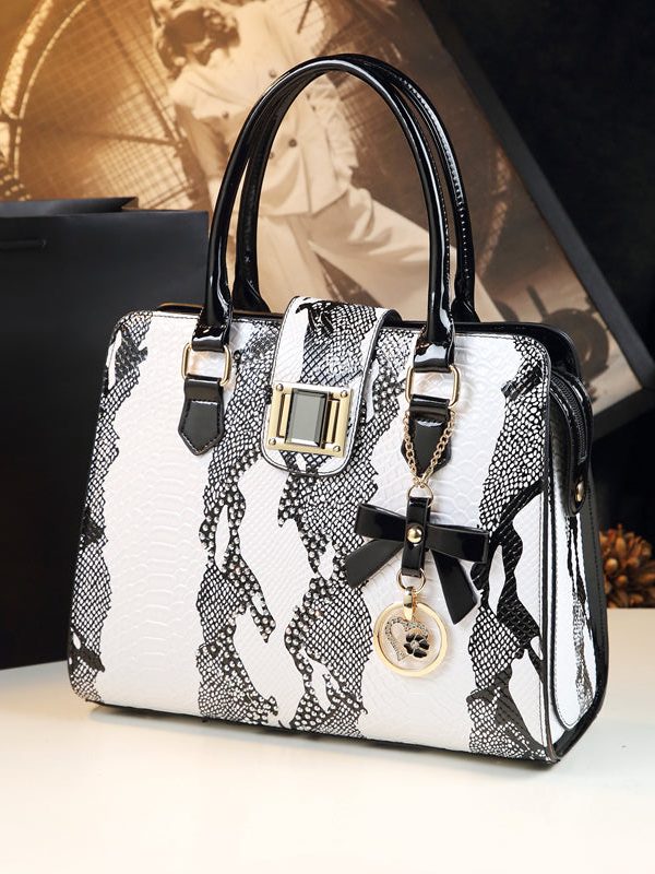 Boutique White Embossed Zircon Calf Leather Tote Handbag
