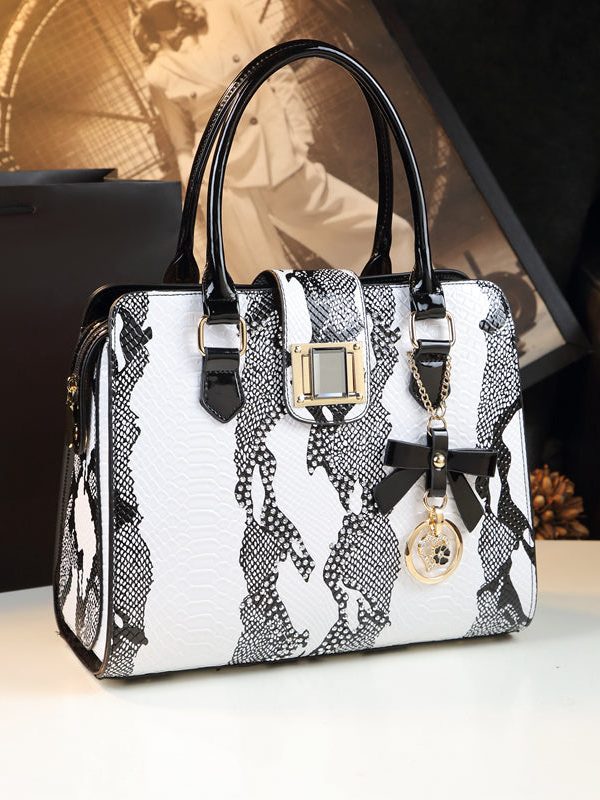 Boutique White Embossed Zircon Calf Leather Tote Handbag