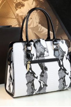 Boutique White Embossed Zircon Calf Leather Tote Handbag