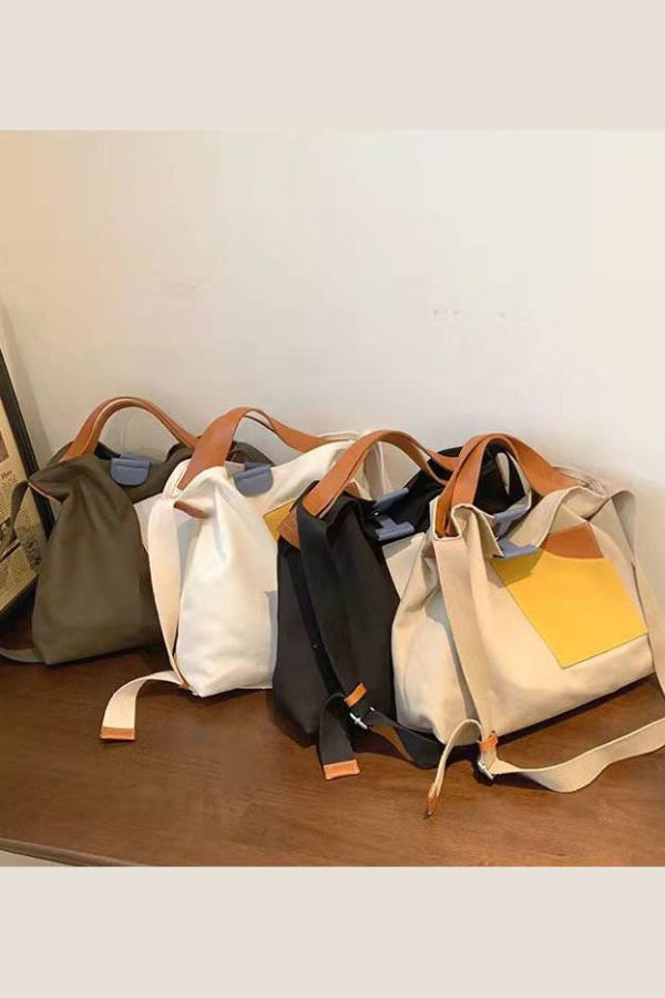 Boutique White Patchwork Canvas Tote Handbag