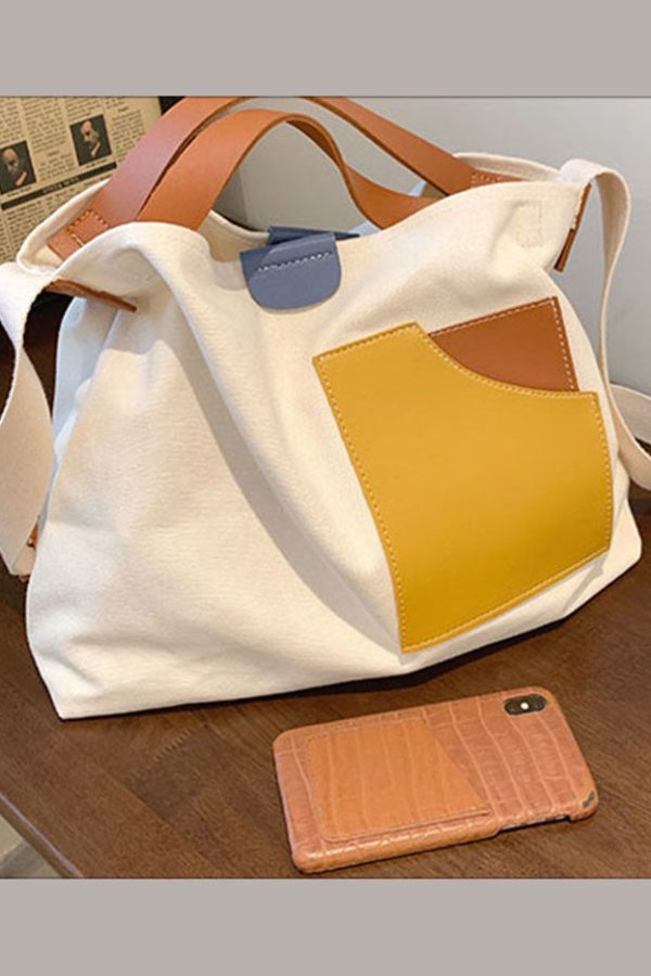 Boutique White Patchwork Canvas Tote Handbag