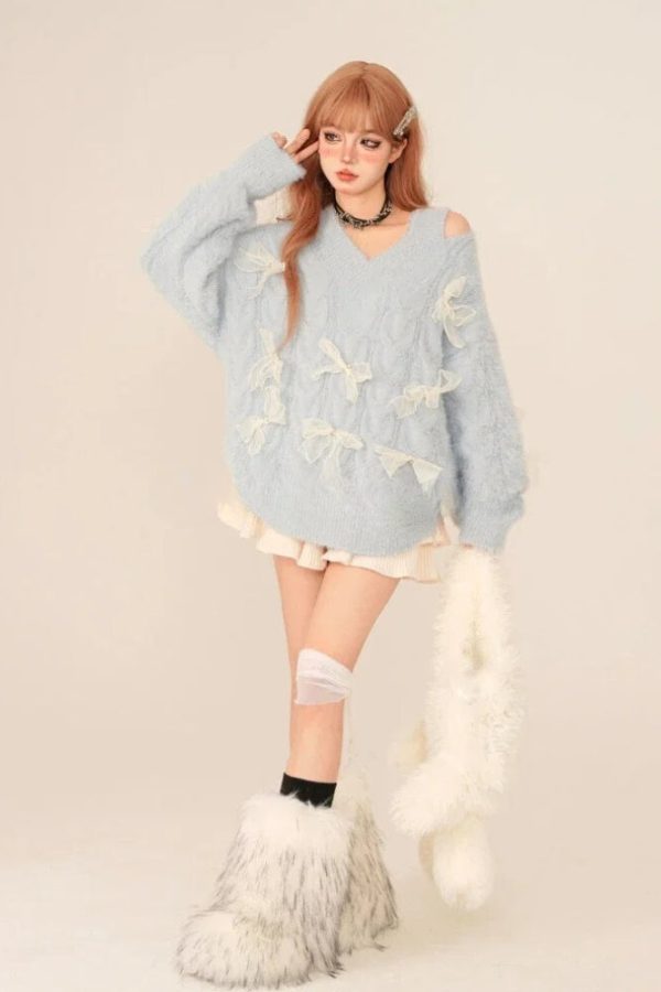 Bow Cut Out Fluffy Sweater