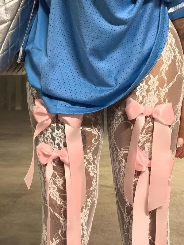 Bow Transparent Lace Flare Pants