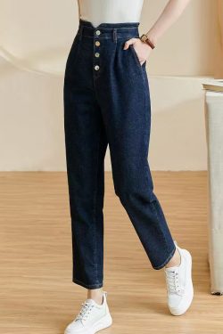 Brief Blue High Waist Pockets Crop Denim Pants Fall