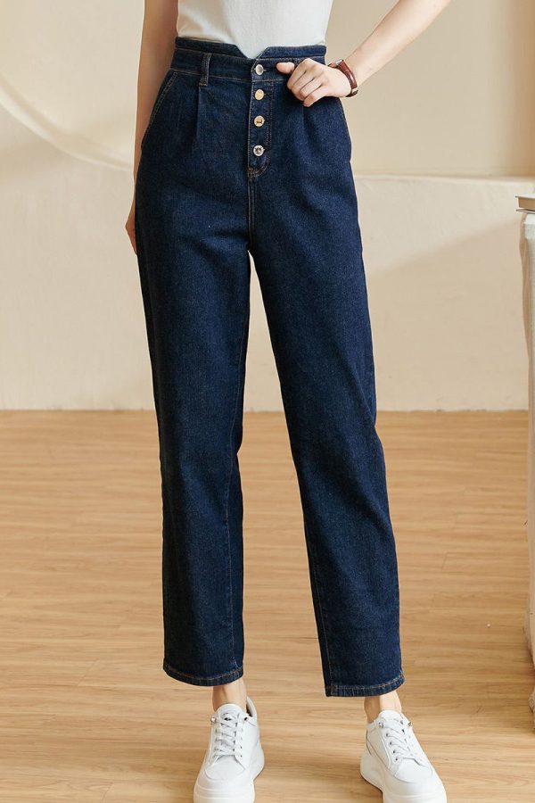 Brief Blue High Waist Pockets Crop Denim Pants Fall