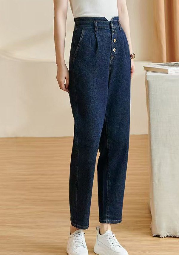 Brief Blue High Waist Pockets Crop Denim Pants Fall