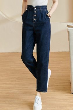 Brief Blue High Waist Pockets Crop Denim Pants Fall