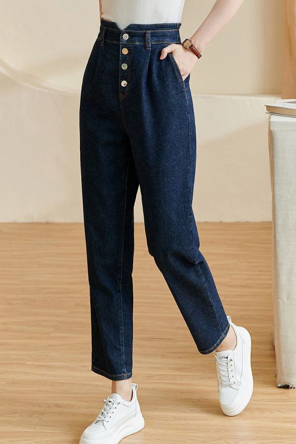Brief Blue High Waist Pockets Crop Denim Pants Fall
