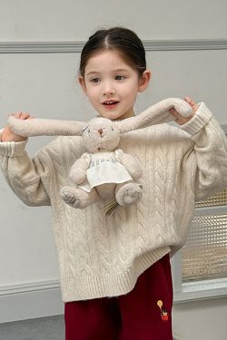 Brief Blue Patchwork Cable Cotton Knit Kids Sweater Tops Spring