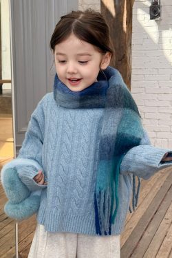 Brief Blue Patchwork Cable Cotton Knit Kids Sweater Tops Spring