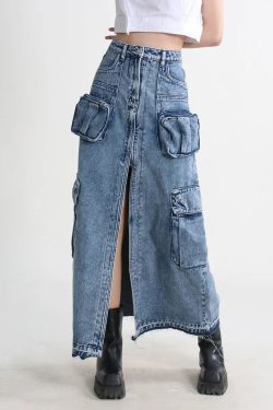 Cargo Split Denim Midi Skirt