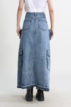 Cargo Split Denim Midi Skirt