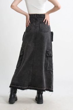 Cargo Split Denim Midi Skirt