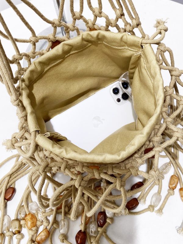 Casual Beige Tasseled Nail Bead Woven Tote Handbag