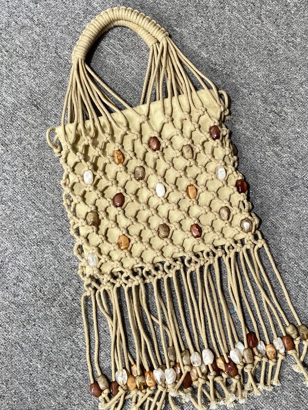 Casual Beige Tasseled Nail Bead Woven Tote Handbag