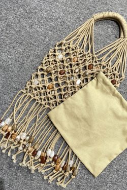 Casual Beige Tasseled Nail Bead Woven Tote Handbag