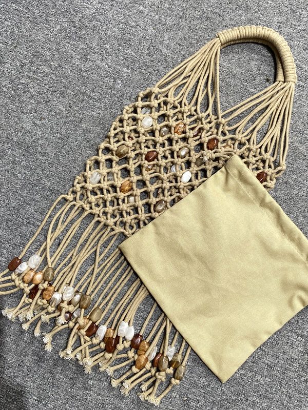 Casual Beige Tasseled Nail Bead Woven Tote Handbag