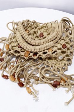 Casual Beige Tasseled Nail Bead Woven Tote Handbag