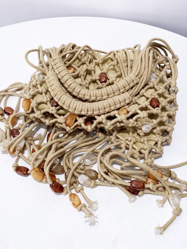 Casual Beige Tasseled Nail Bead Woven Tote Handbag